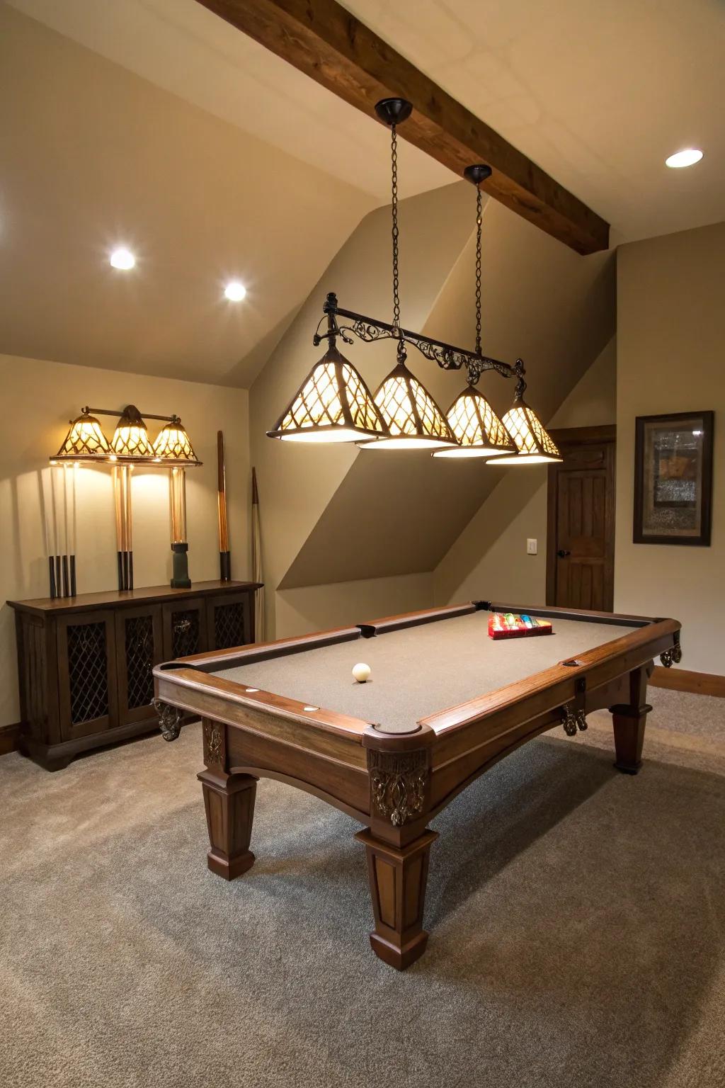 Pendant lighting strategically illuminates the pool table, creating a perfect game atmosphere.