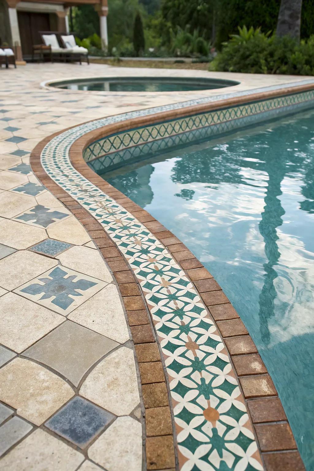 Eye-catching surfaces at the waterline craft a standout feature in this pool.