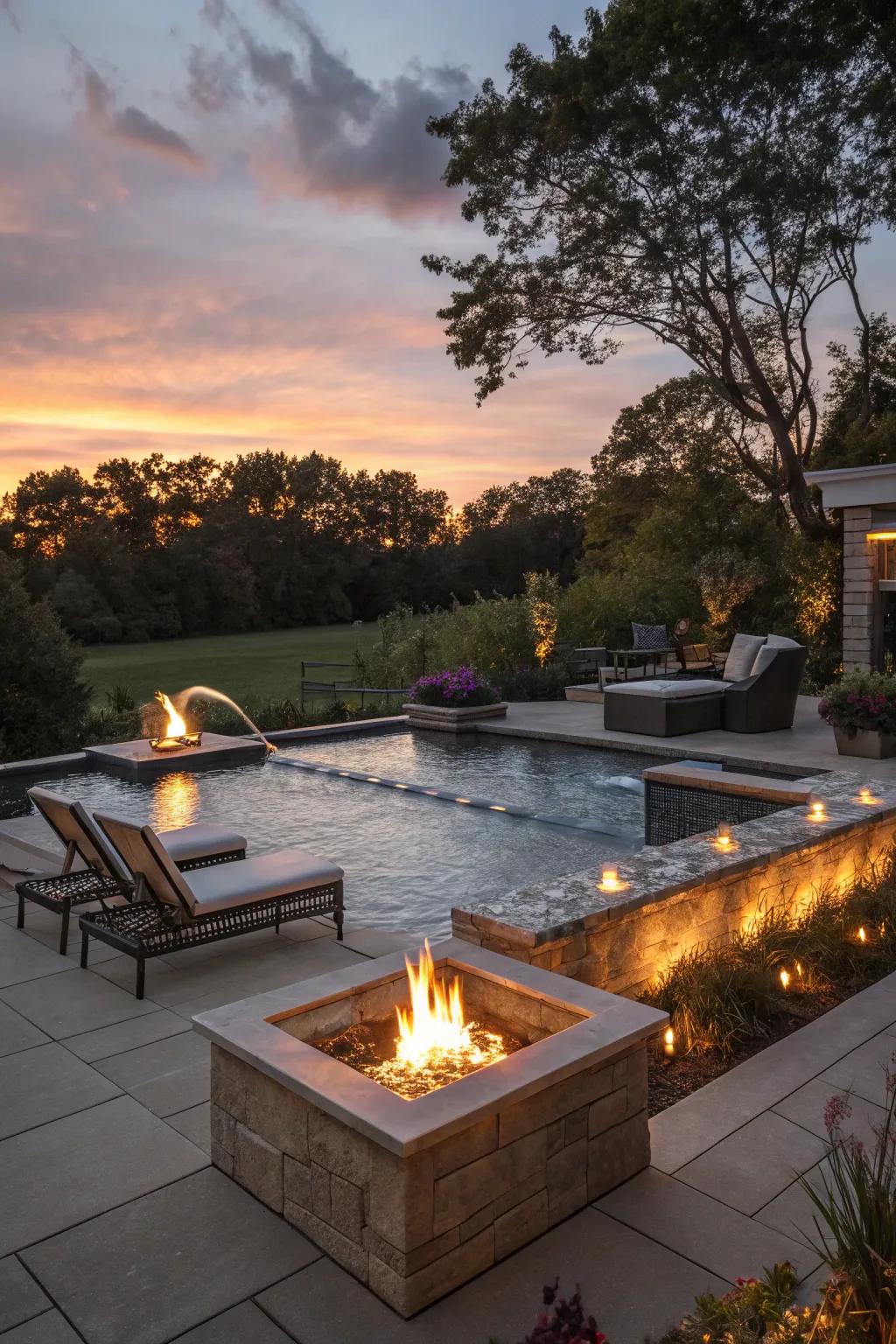 Craft a dramatic setting with fire bowls and water displays in your pool zone.