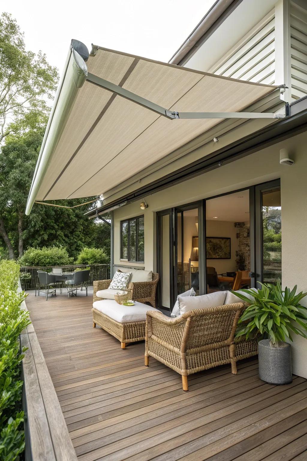 A porch expansion with a chic retractable overhang.