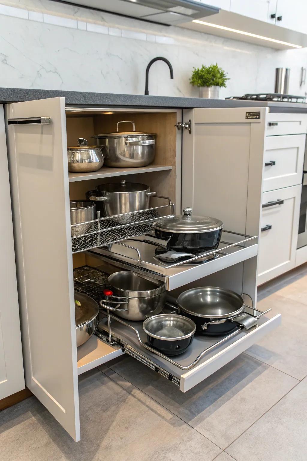 Shelves that slide out make it simple to get to your pots and pans.