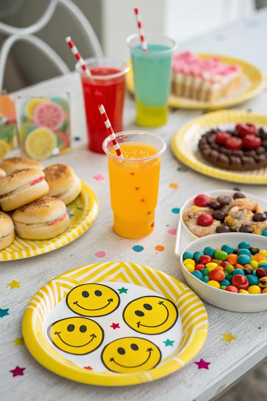 Groovy smiley face dishes contributing a cheerful accent to your celebration.