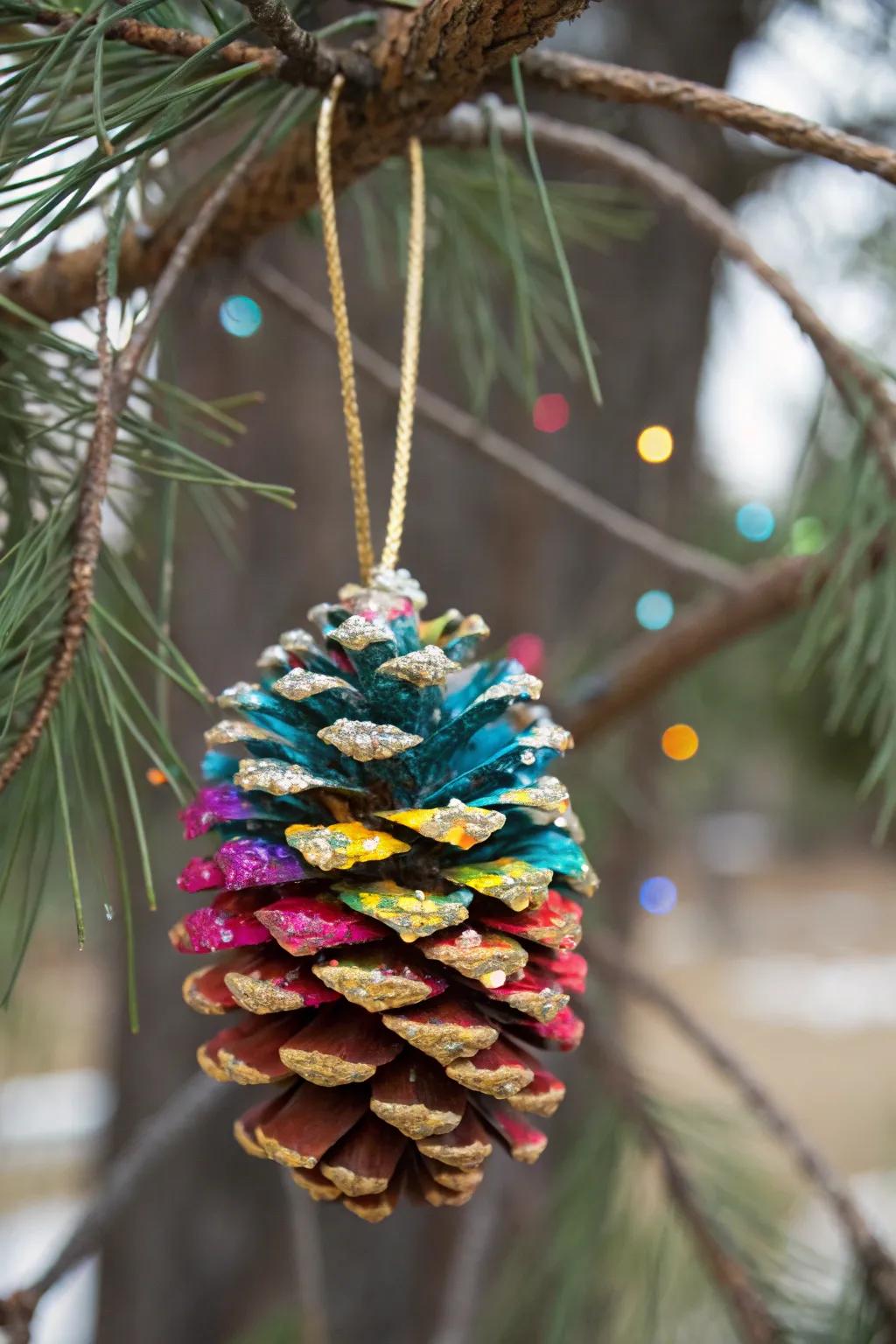 A festive painted pinecone ornament, bringing natural beauty to holiday decorations.