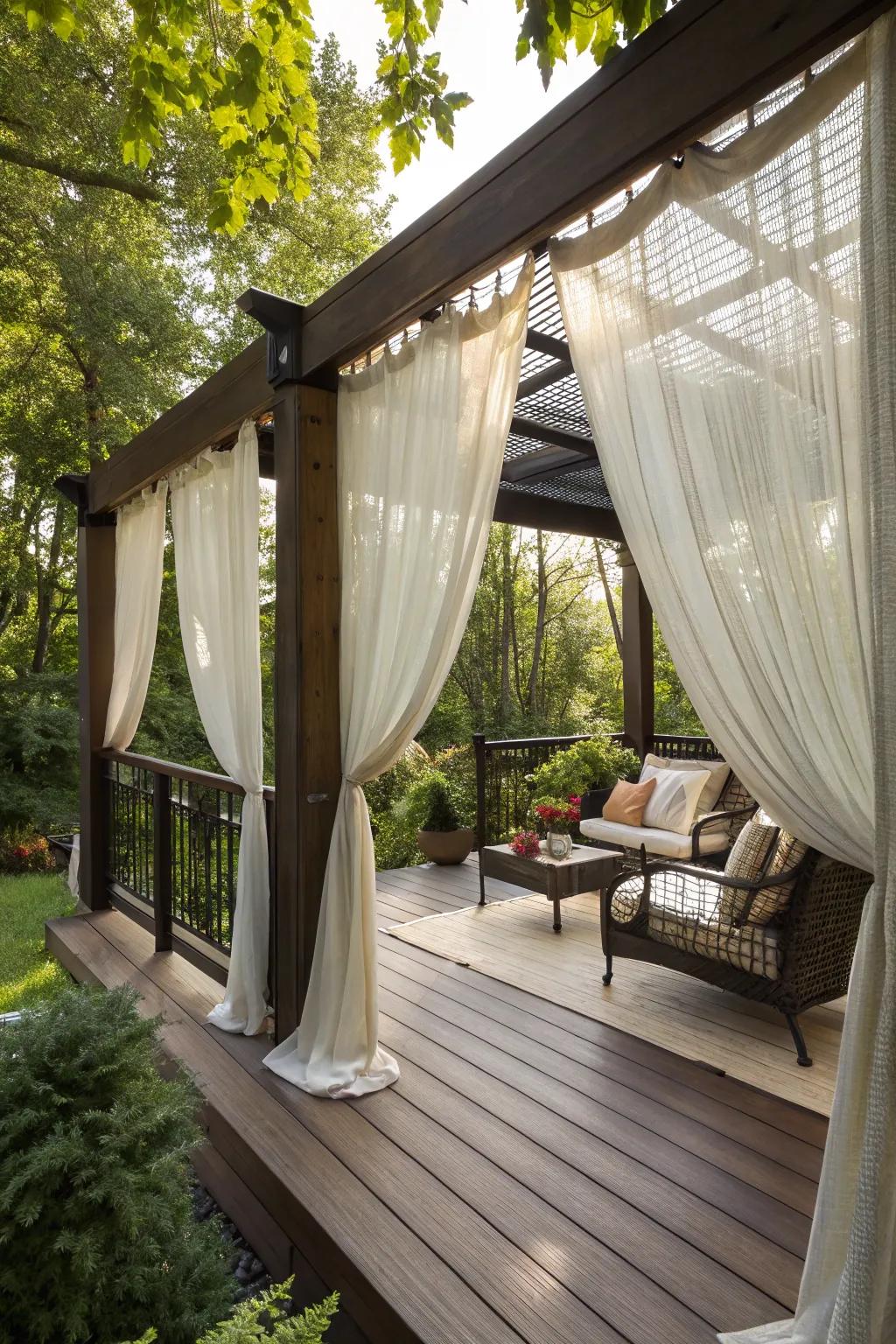 Cascading exterior textile crafts a secluded and tranquil deck area.
