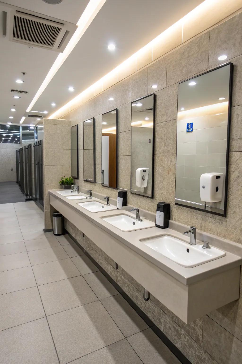 Modern mechanisms in a communal restroom provide both style and practicality.
