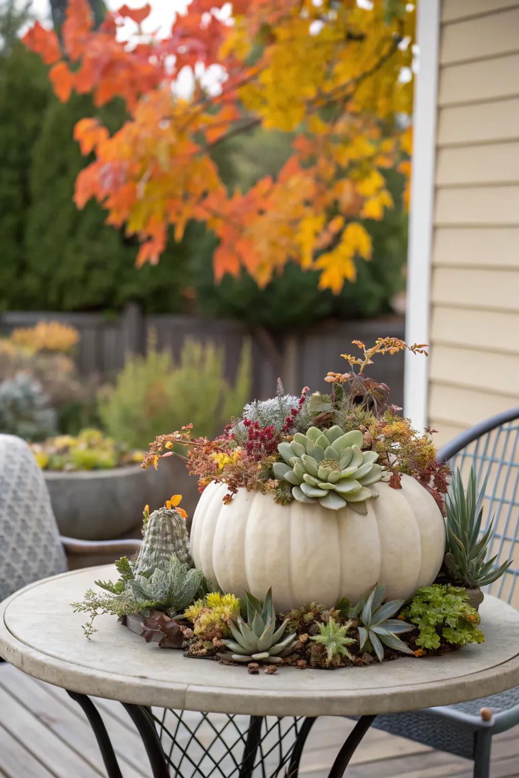 A pumpkin transformed into a fashionable succulent container.