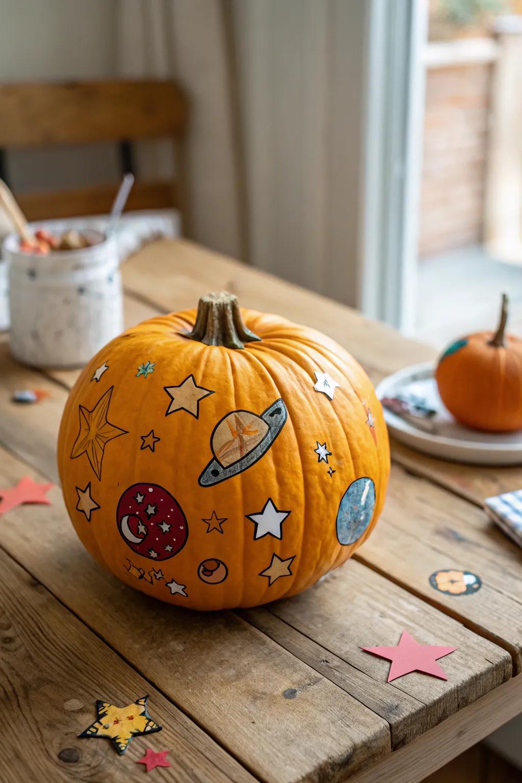 A pumpkin enhanced with a galaxy full of stickers.