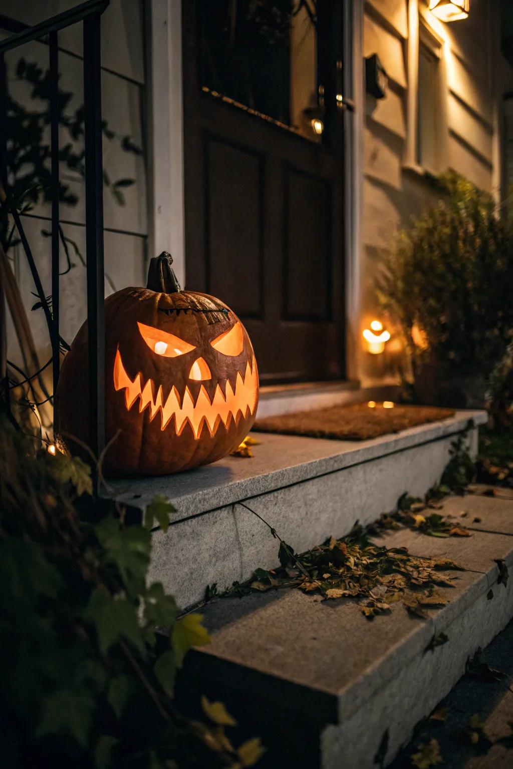 A classic spooky jack-o'-lantern with sharp teeth.