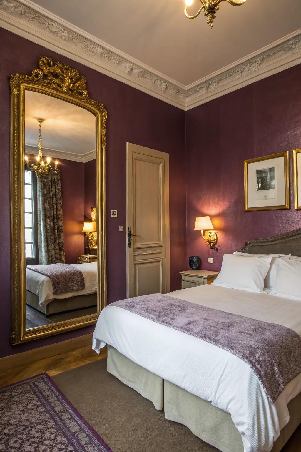 Deep purple walls create a tranquil and opulent bedroom retreat.
