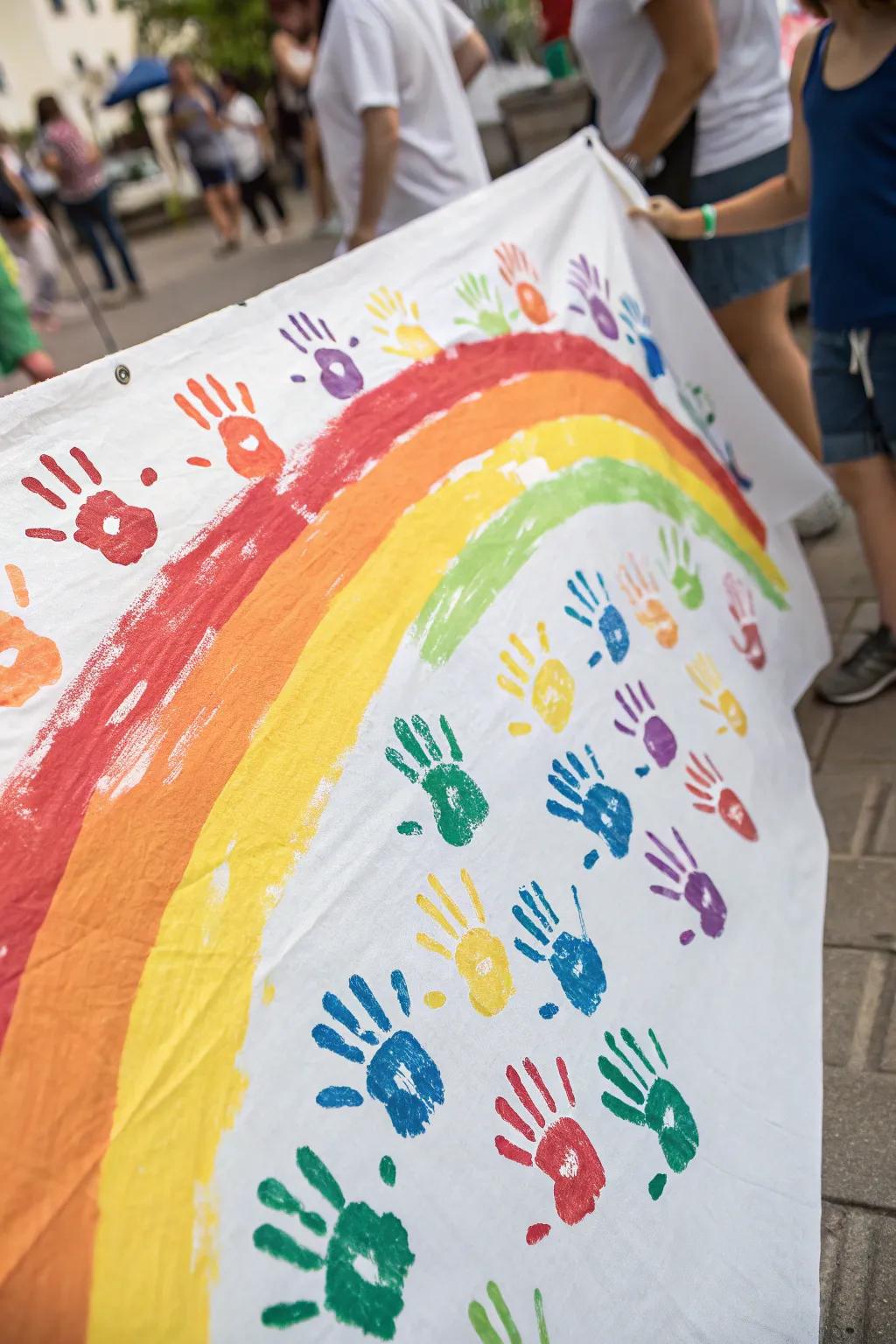 Small handprints converge to form a customized rainbow masterpiece.