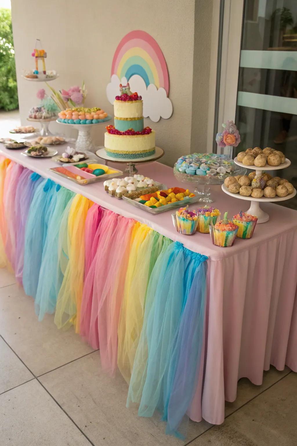 A treat station styled with a whimsical vibrant fabric dressing.
