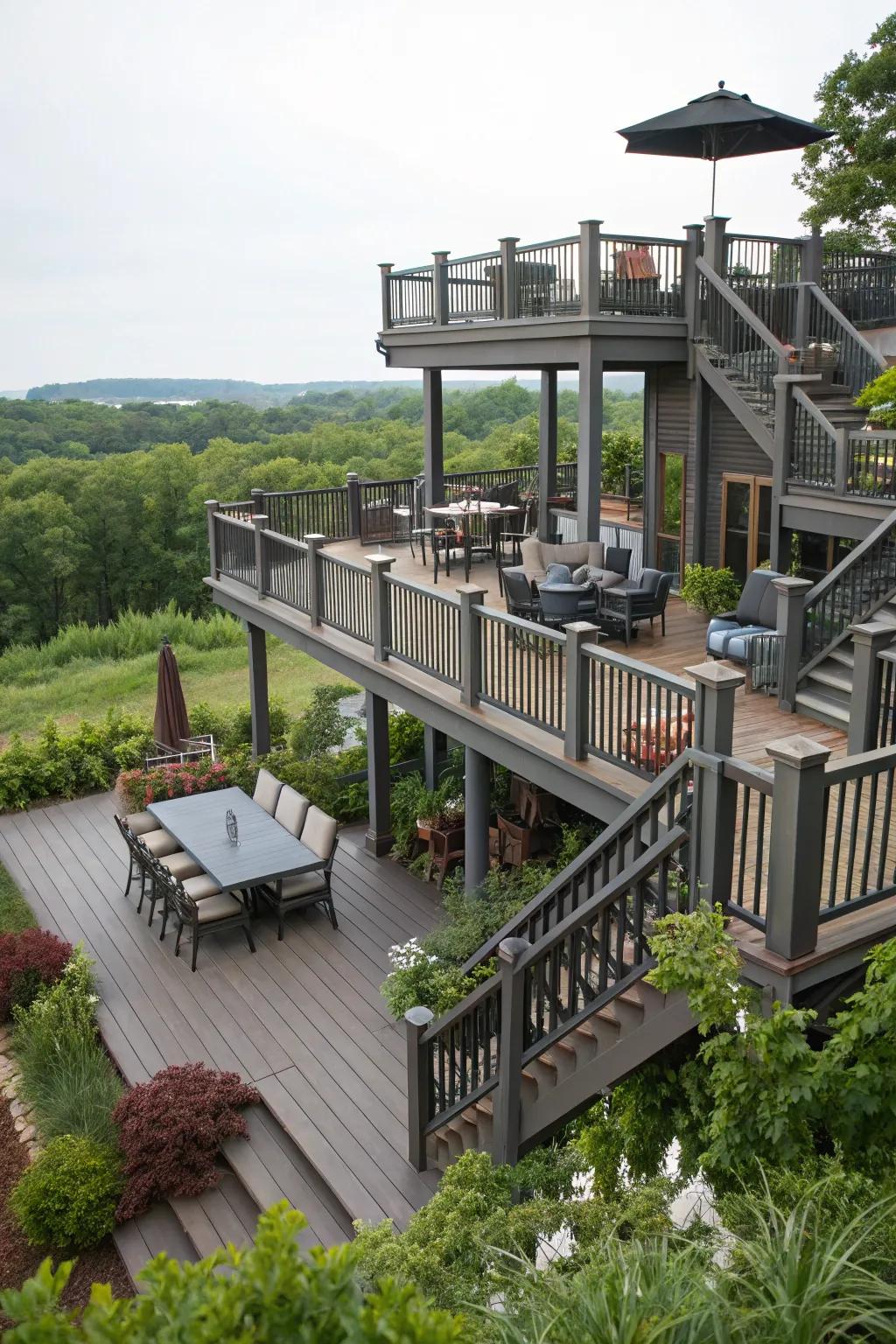 Discover the possibilities of multi-tiered deck layouts for a vibrant outdoor area.