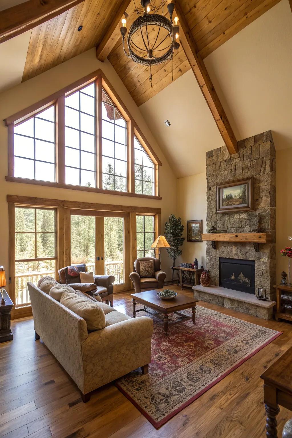 A vaulted ceiling turns this ranch-style living area into a large, inviting escape.