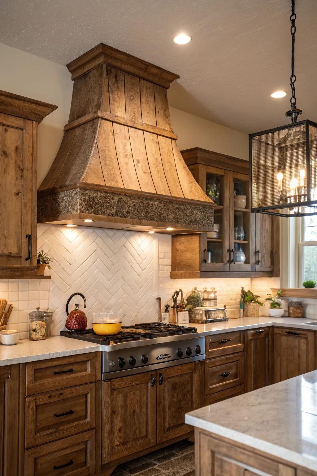 A rustic wooden range hood adds a touch of warmth and character, enhancing the charm of any kitchen.