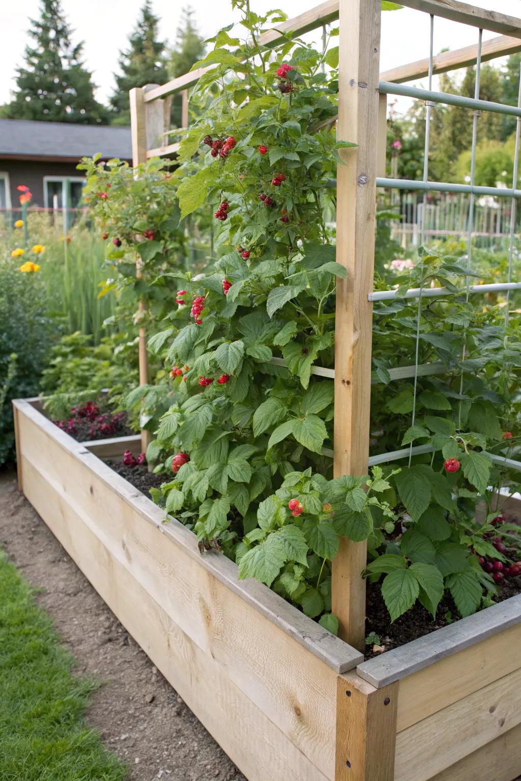 An elevated garden bed with an incorporated trellis delivers both utility and elegance.