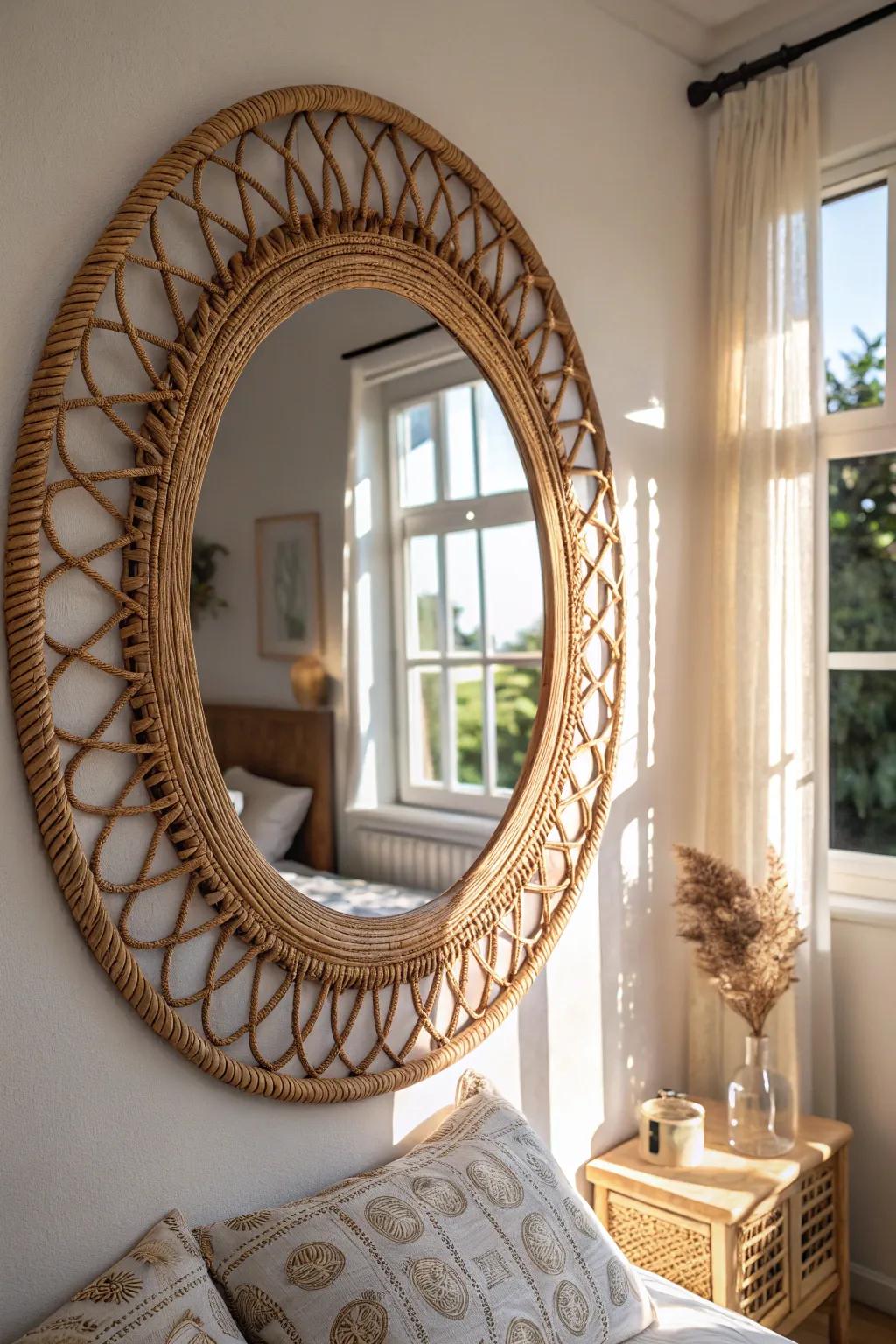 A rattan mirror offers both functionality and flair to your bedroom.