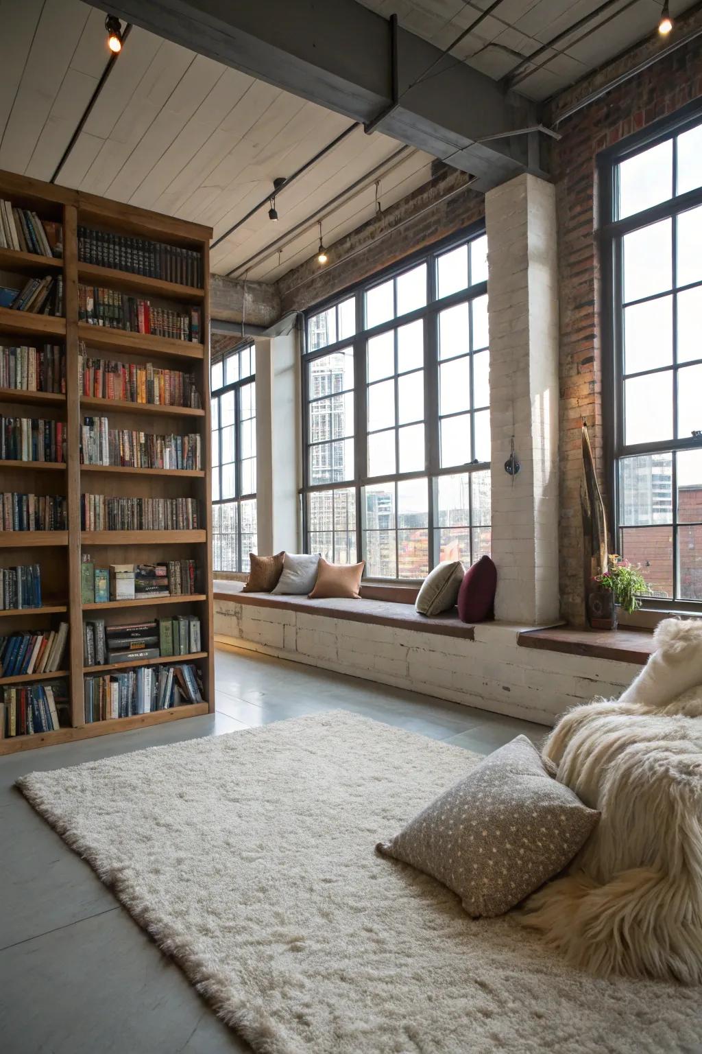 An elevated section made into a cozy library nook.