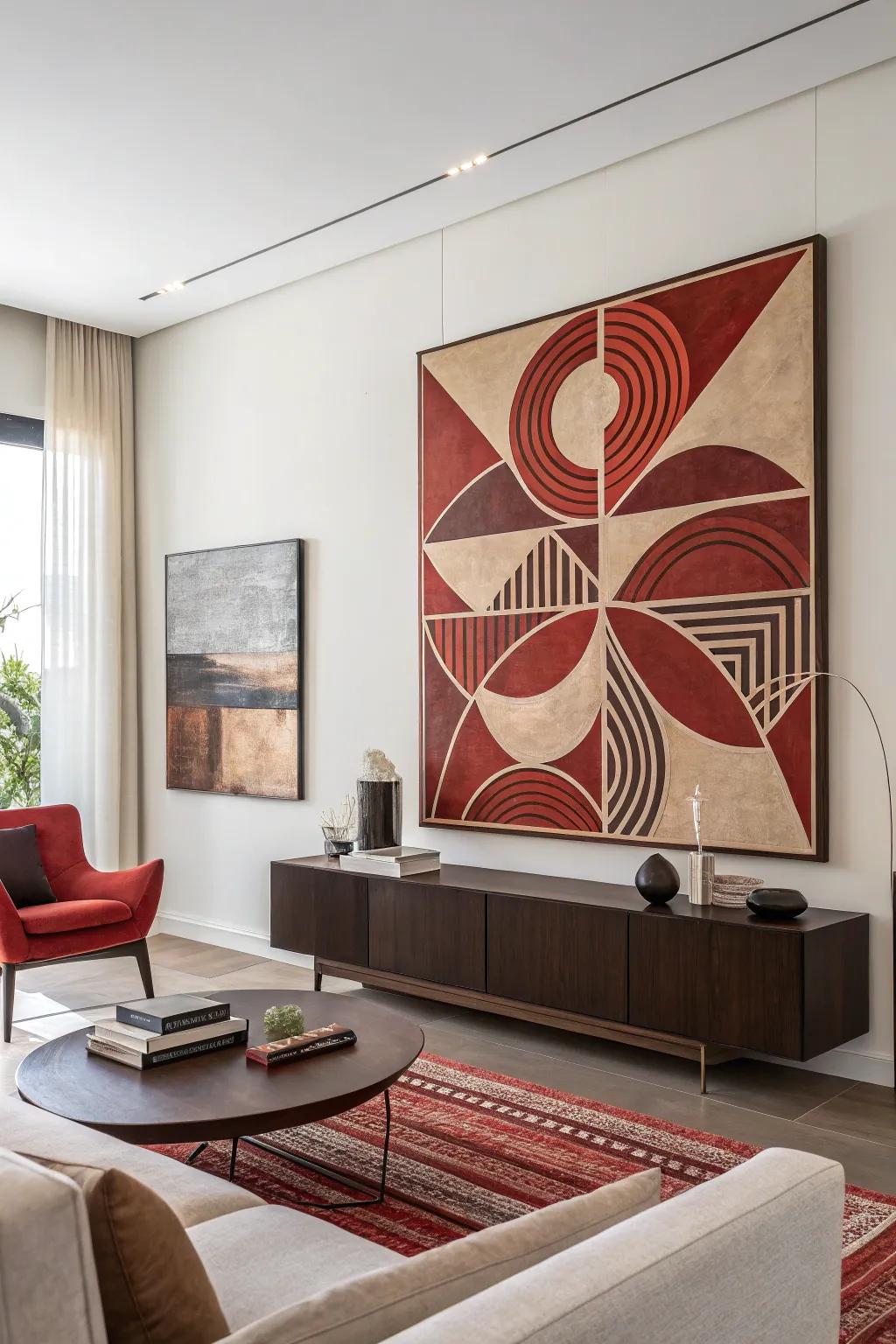 Artwork with scarlet tones gives the room's design a cohesive aspect.
