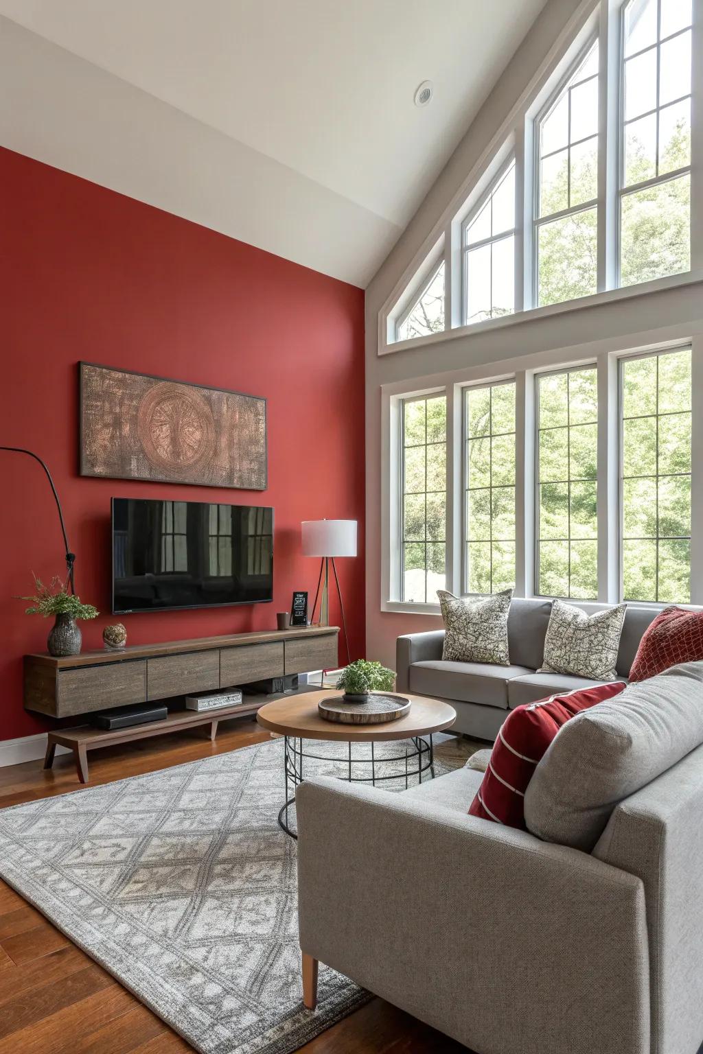 An eye-catching crimson highlighted wall makes a notable impression in an otherwise subdued setting.