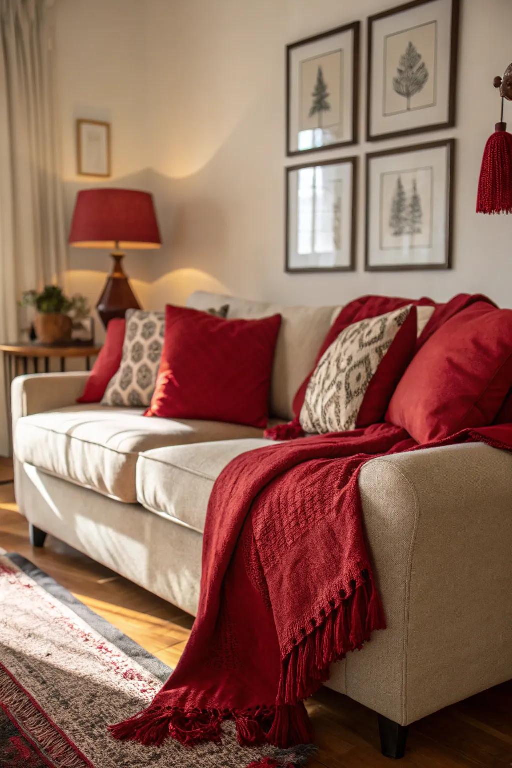 A lounge amplified through snug crimson accents.