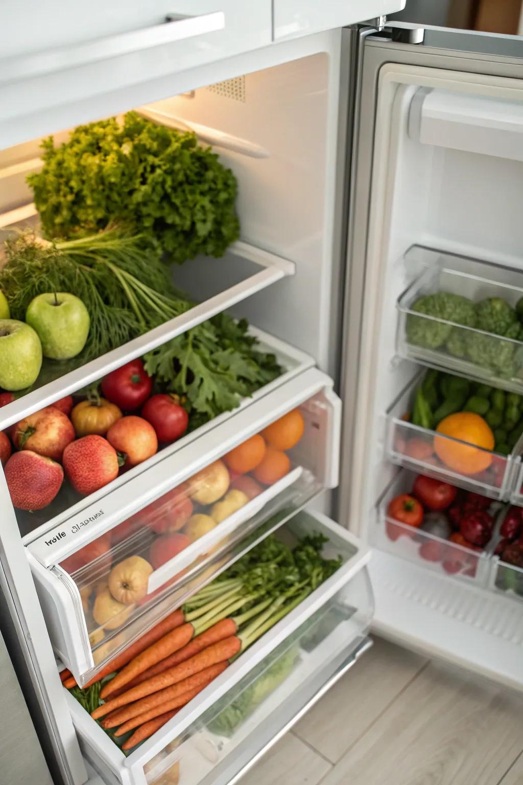 Drawers that are assigned to specific food categories help keep food fresher and your fridge more organized.
