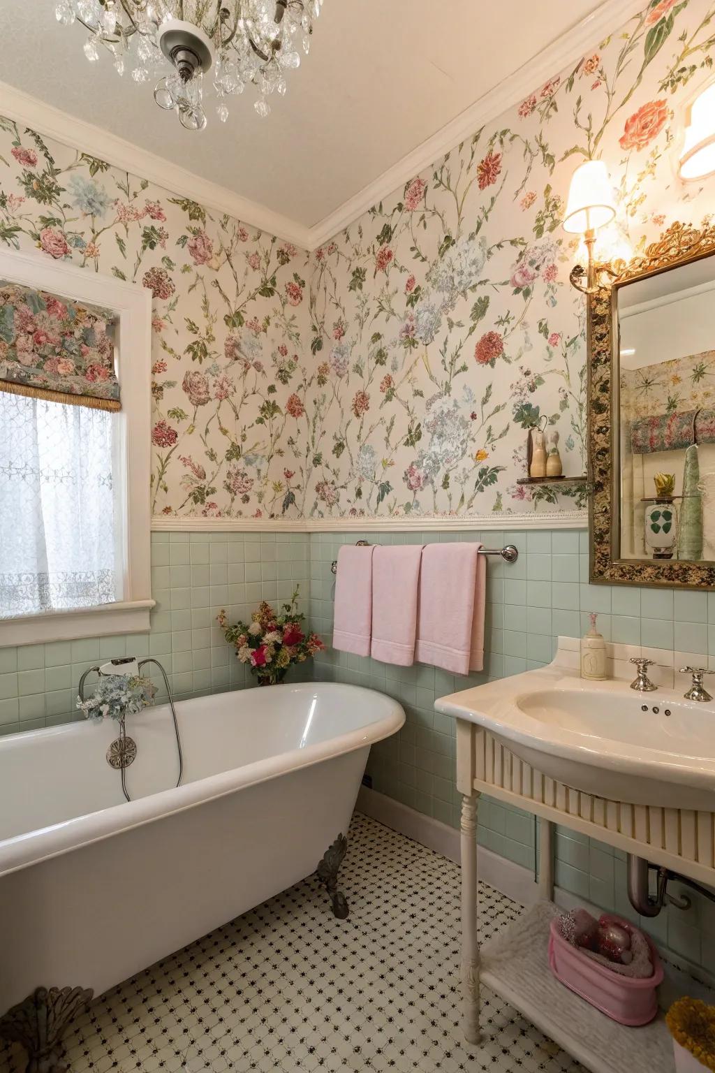 Heritage wallcovering introduces a hint of wistfulness and warmth to any lavatory.