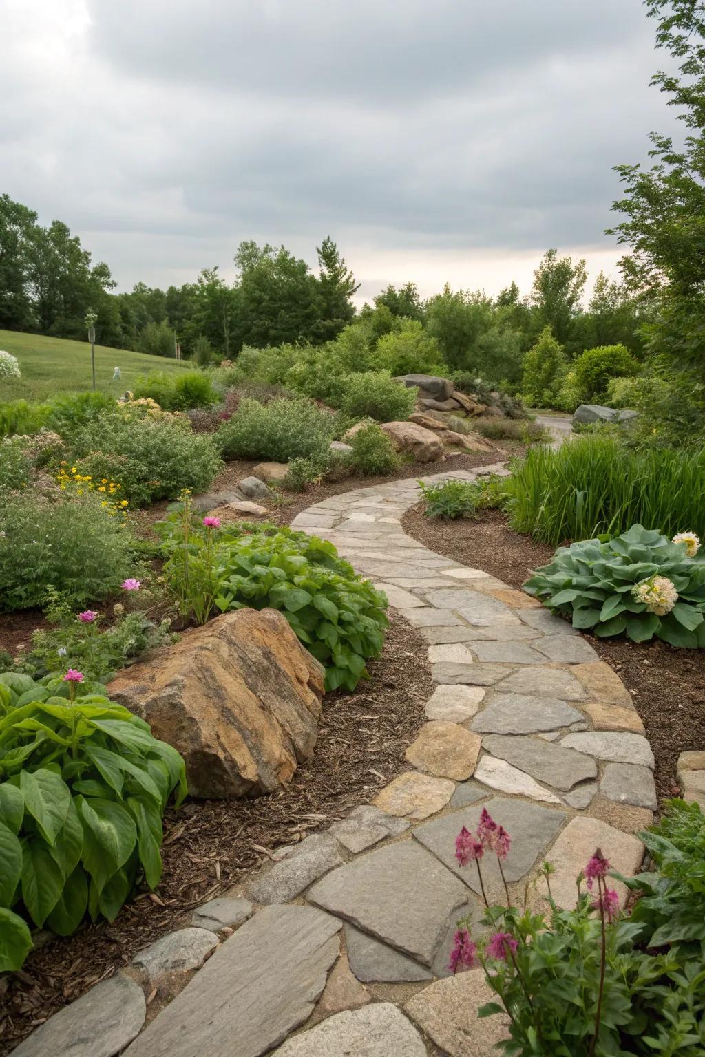Winding paths introduce a playful element to the landscape.