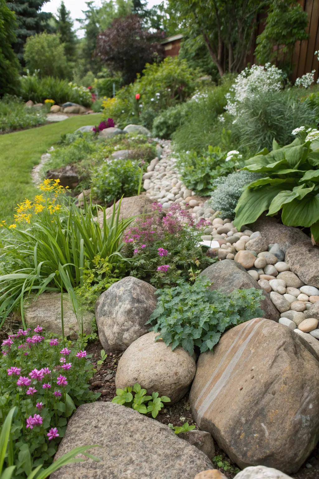 Enhance your rock garden with a mixture of plant life.