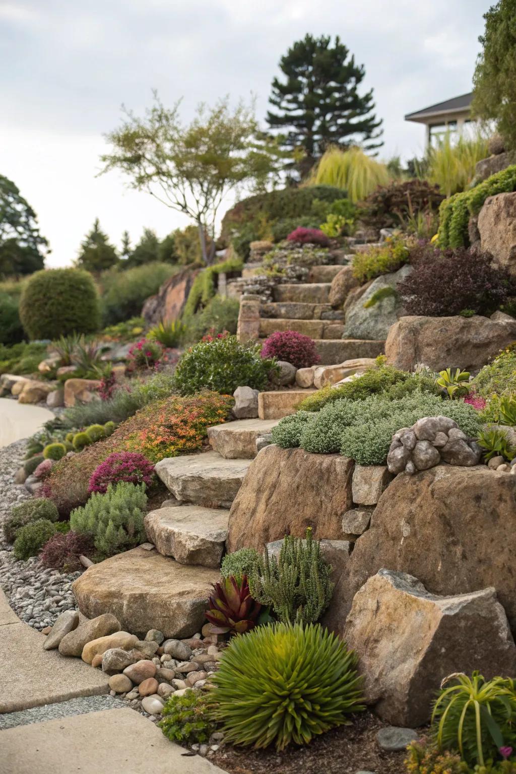 A multi-staged stone garden exhibiting a spectrum of flora and textures.