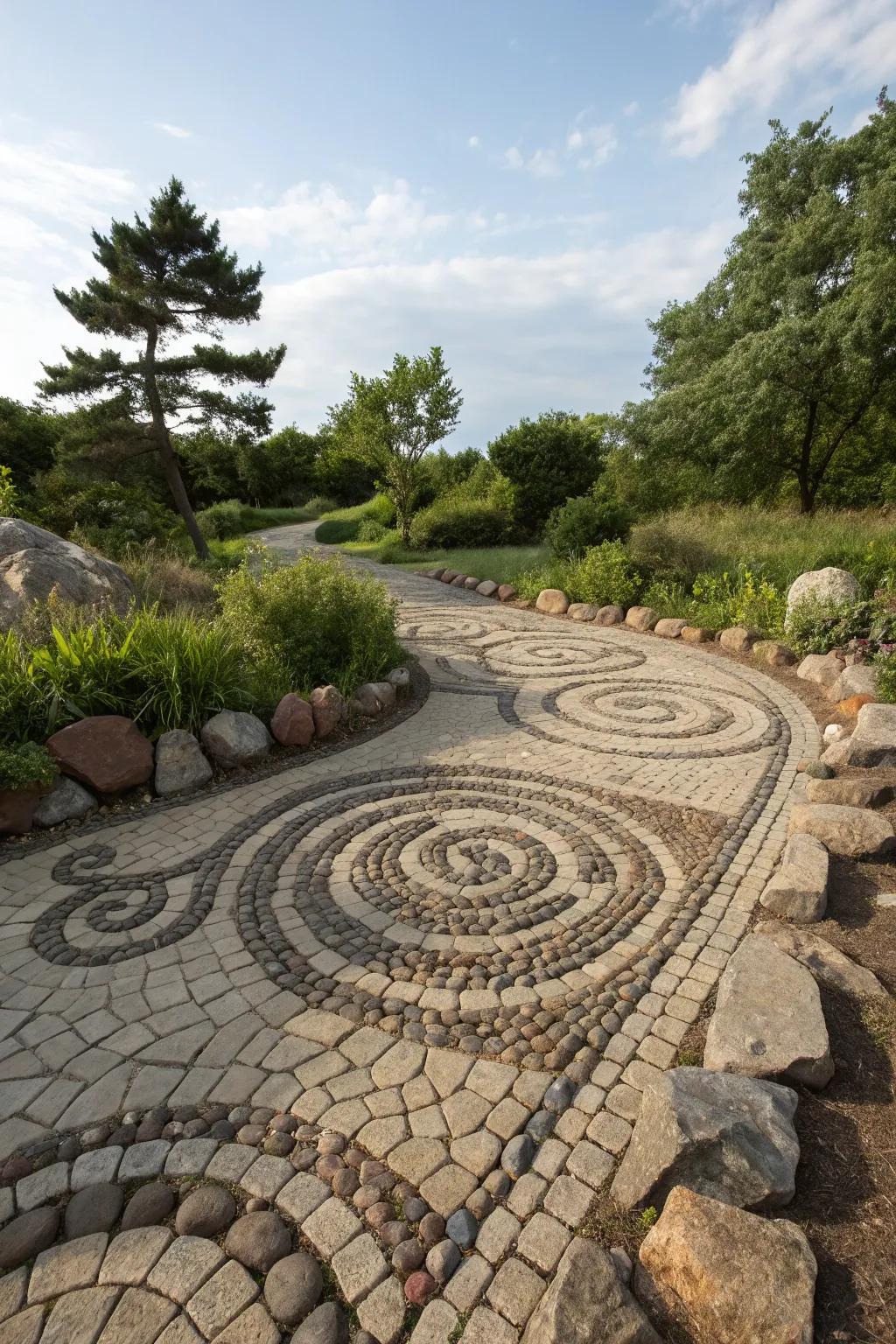 Intricate stone patterns transform pathways into artwork.