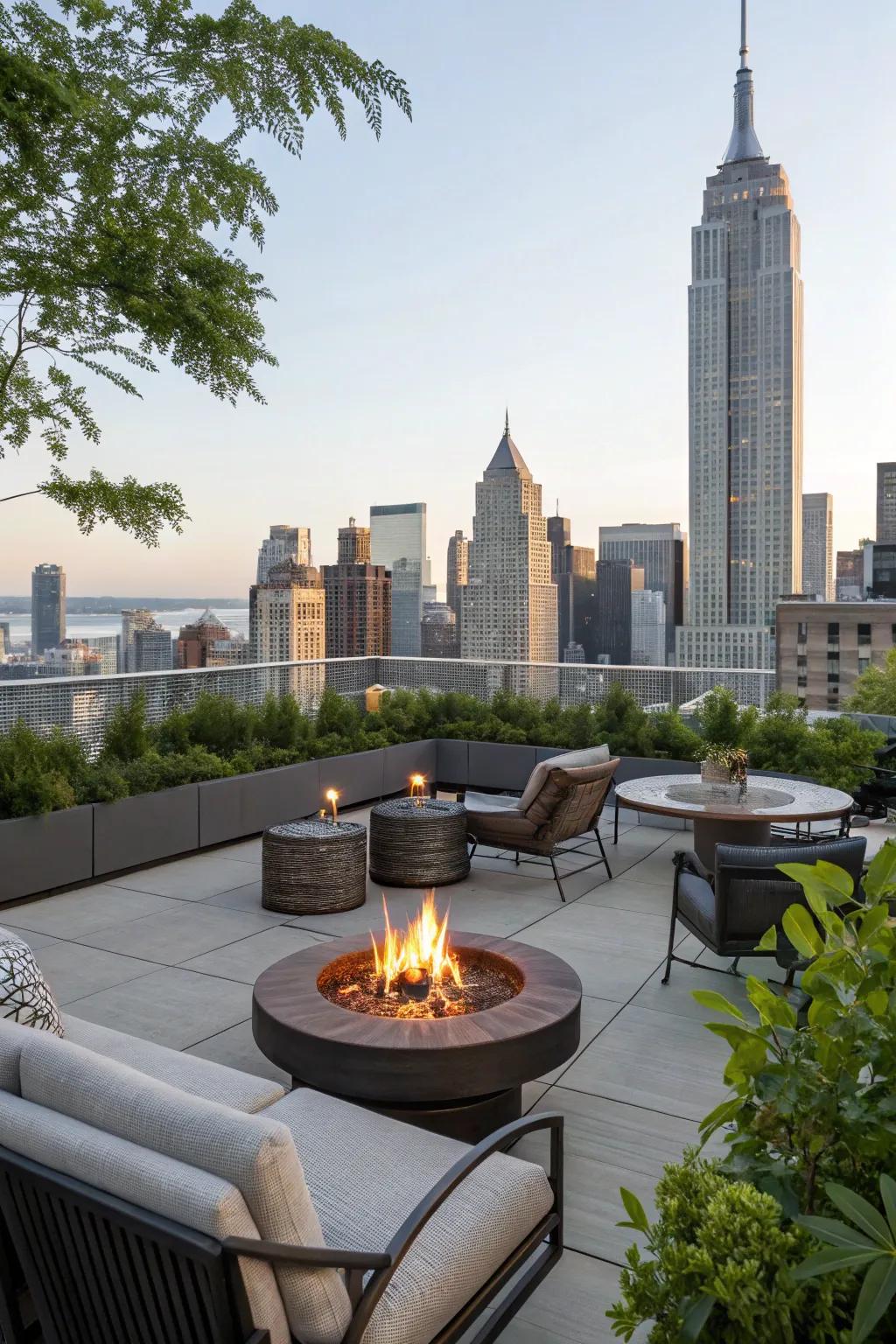 A hearth center provides warmth and a captivating focal point to your rooftop.