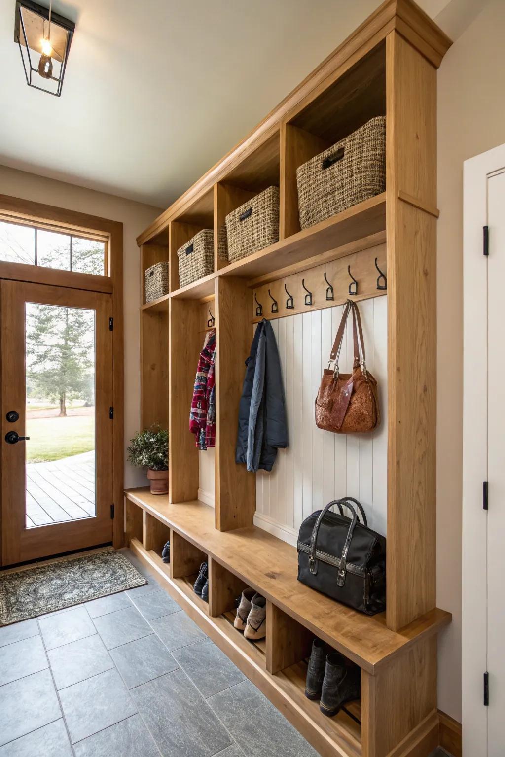A mudroom maintains order with resourceful storage options.