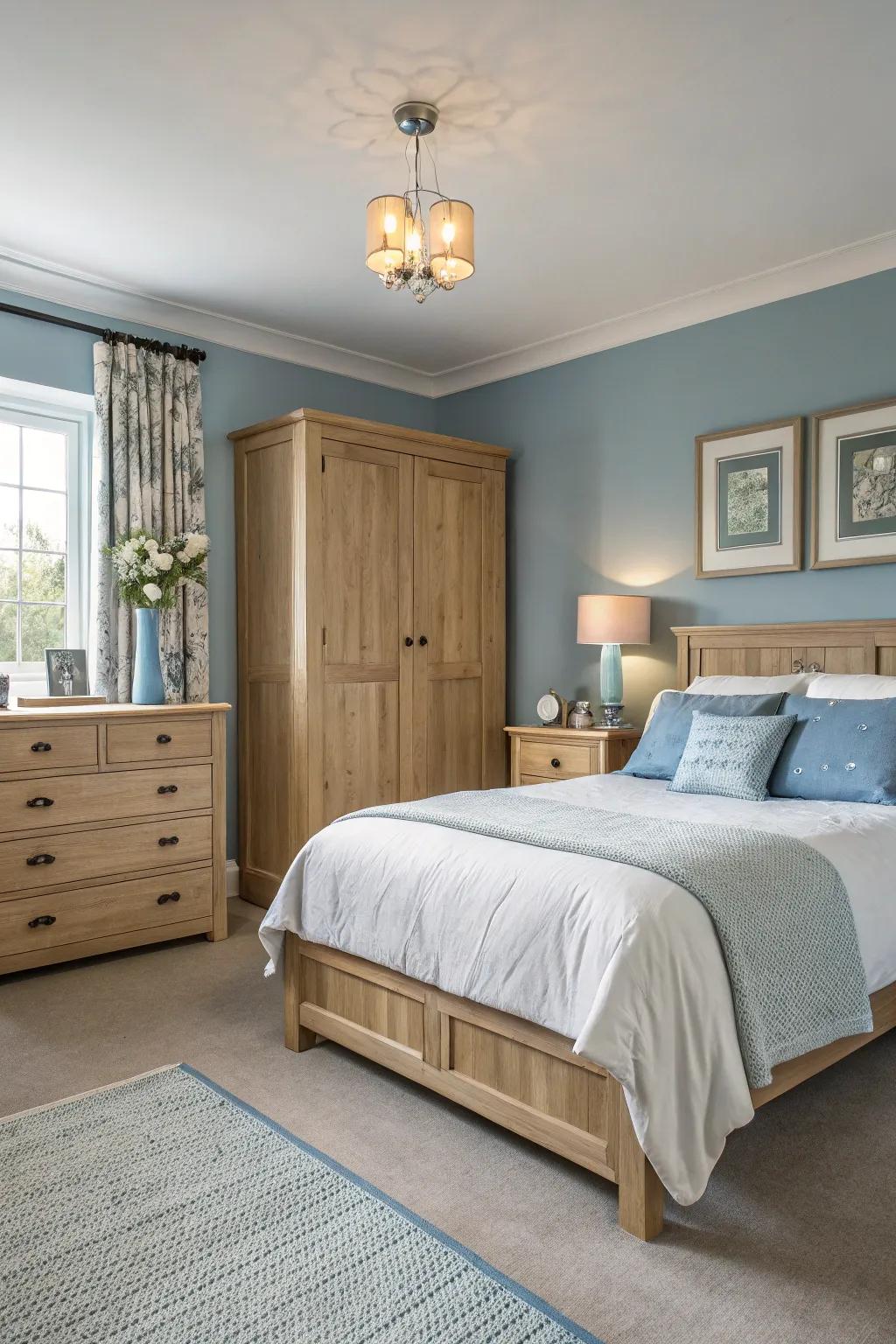 A tranquil bedroom featuring laid-back blues and light oak accents.