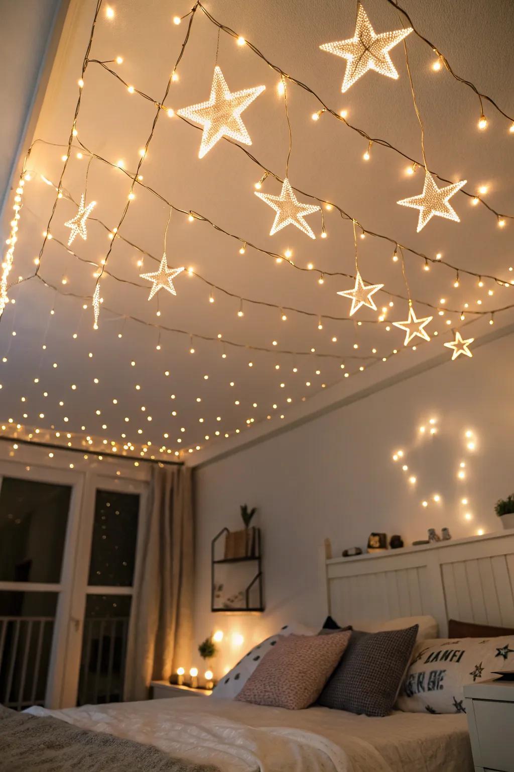 Use LED lights to create a starry night effect in your bedroom.