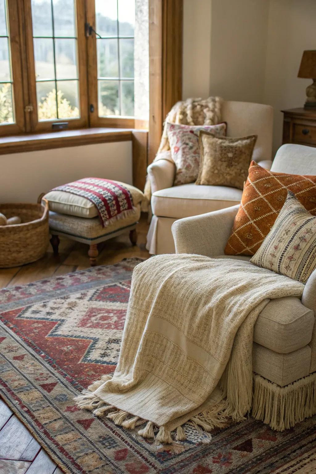 An area enhanced with structured aspects like floor coverings and throws for added richness.