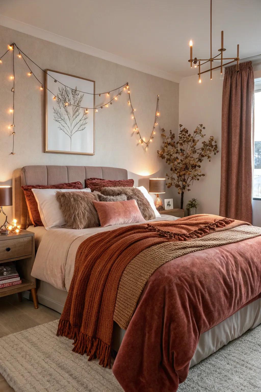Earthy reds blend effortlessly with blush tones for a cozy ambiance.