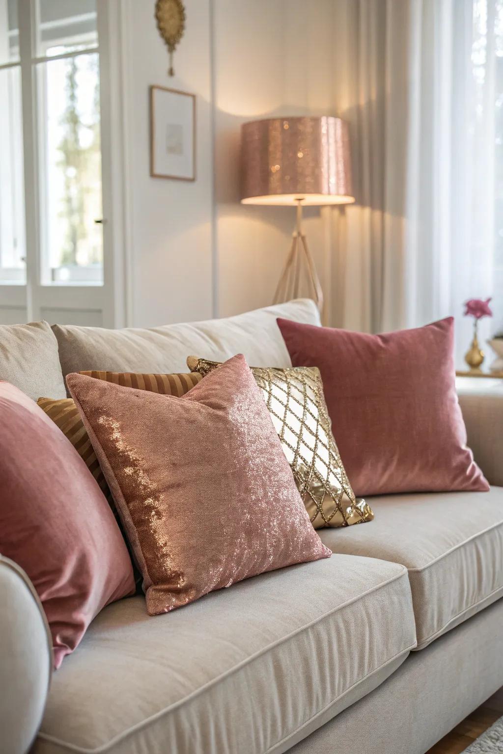 Velvet pillows in rose gold infuse luxury and comfort into the setting.