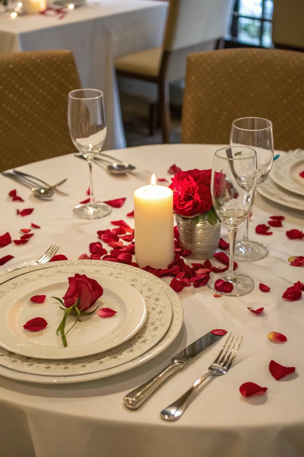A dining table ornamented with floral discs for an amorous dinner