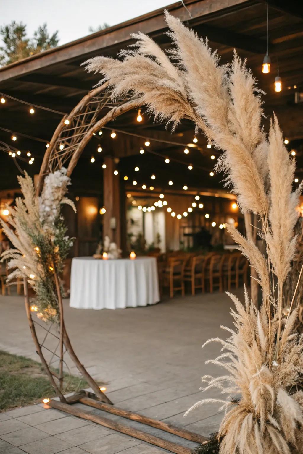 A country-inspired curved gateway ornamented with feathered grass for a bohemian impression.