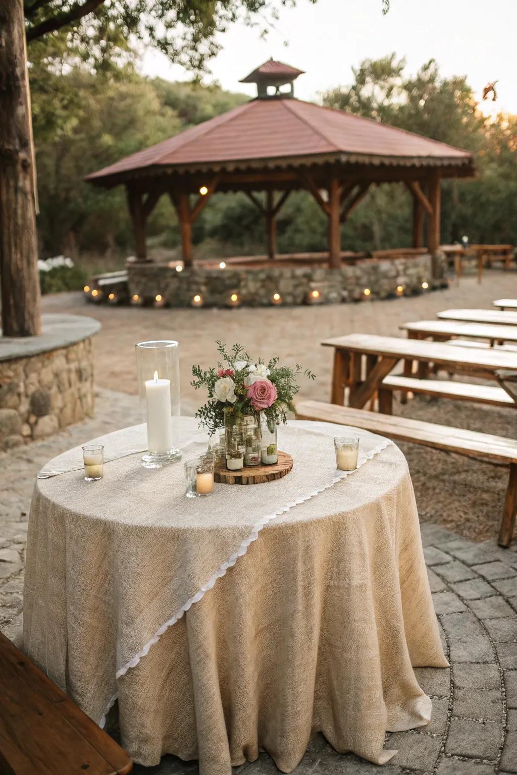Homespun appeal through a jute table covering at an outdoor wedding.