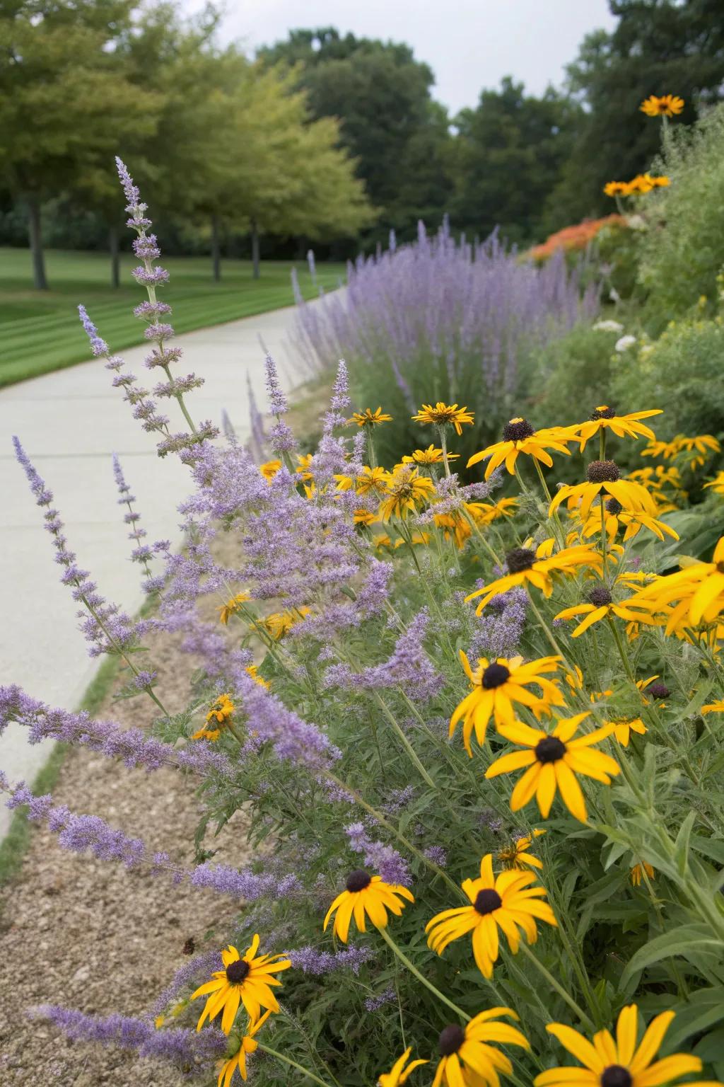 A joyful garden pairing of 'Silver Whisper' with sunny golden eyes.
