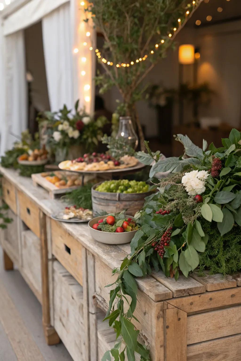 The natural allure of this country sideboard configuration is enhanced by greenery.