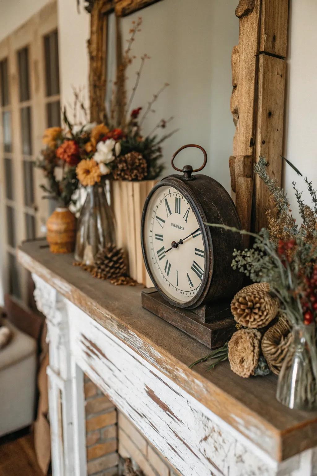 A fireplace mantel adorned with an antique timepiece and countryside-inspired elements.