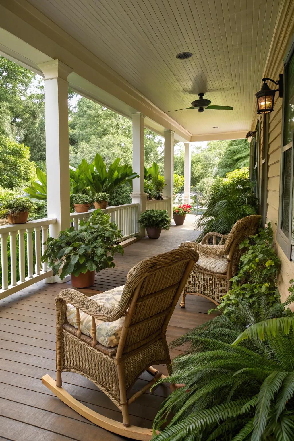 Comfy seating with woven furniture and swivel chairs for a relaxing porch.