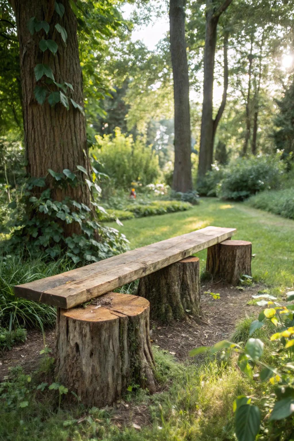 Creative application of tree bases as support for a simple garden seat.