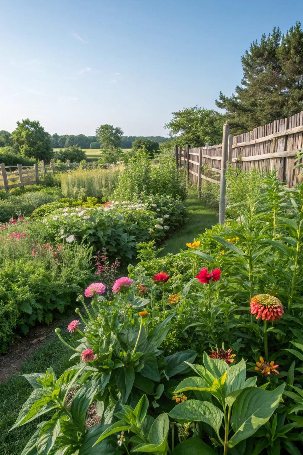 A lively garden overflowing with verdure and flora.