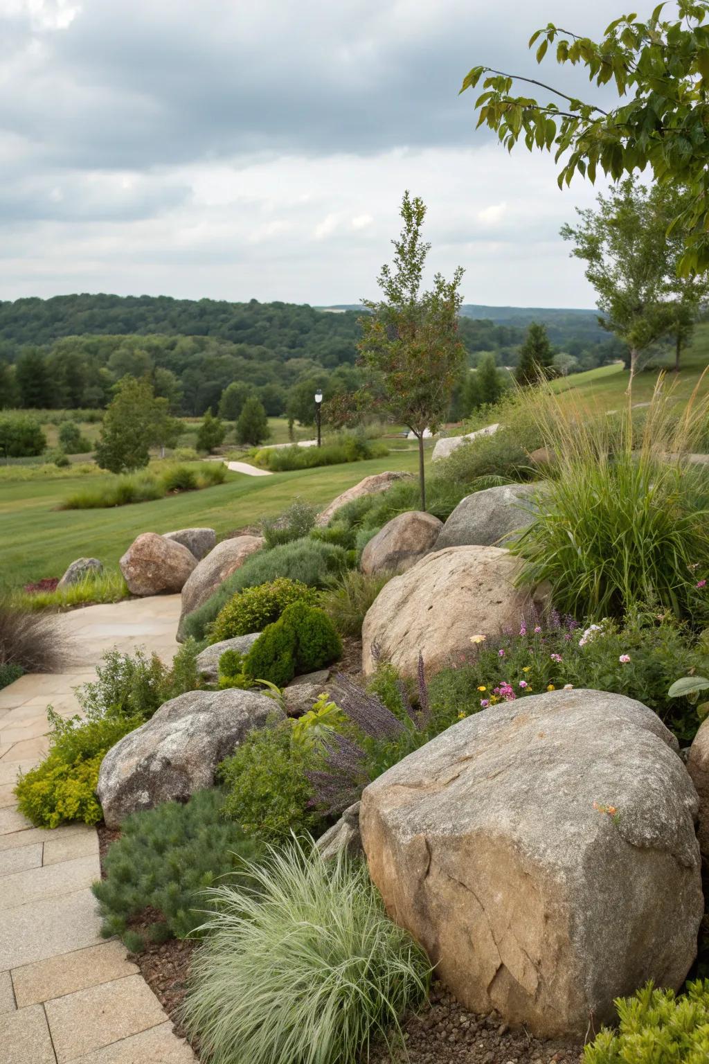 Large rocks establishing natural focal points in a garden.