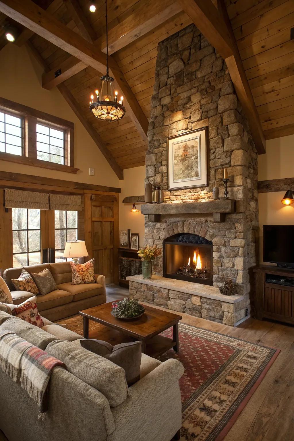 A rock hearth constitutes the snug core of any rustic living space.