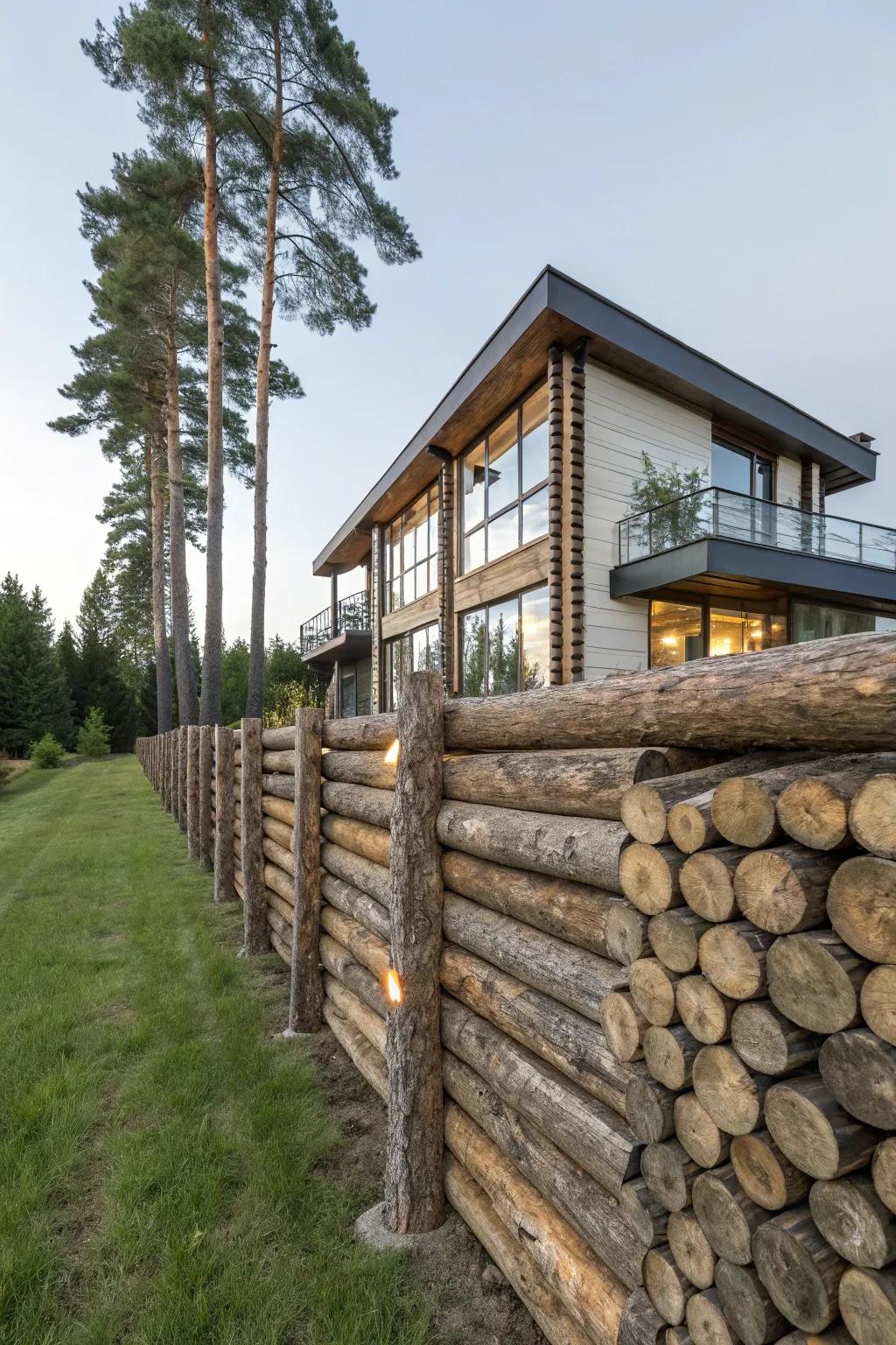 Vertical logs create a bold and modern rustic fence, perfectly complementing contemporary architecture.