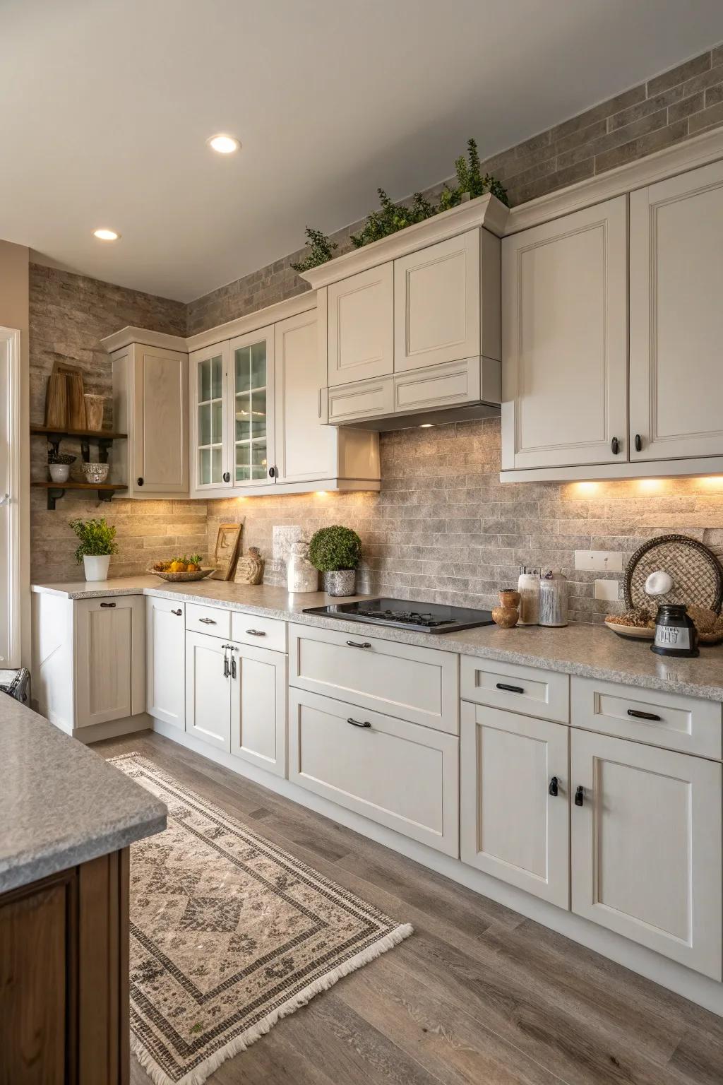 Neutral tones provide a calm and timeless kitchen appearance.